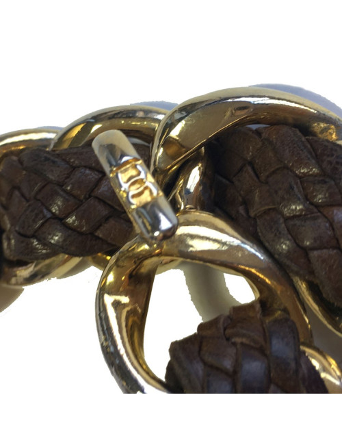 Ceinture CHANEL vintage en métal doré et cuir tressé marron