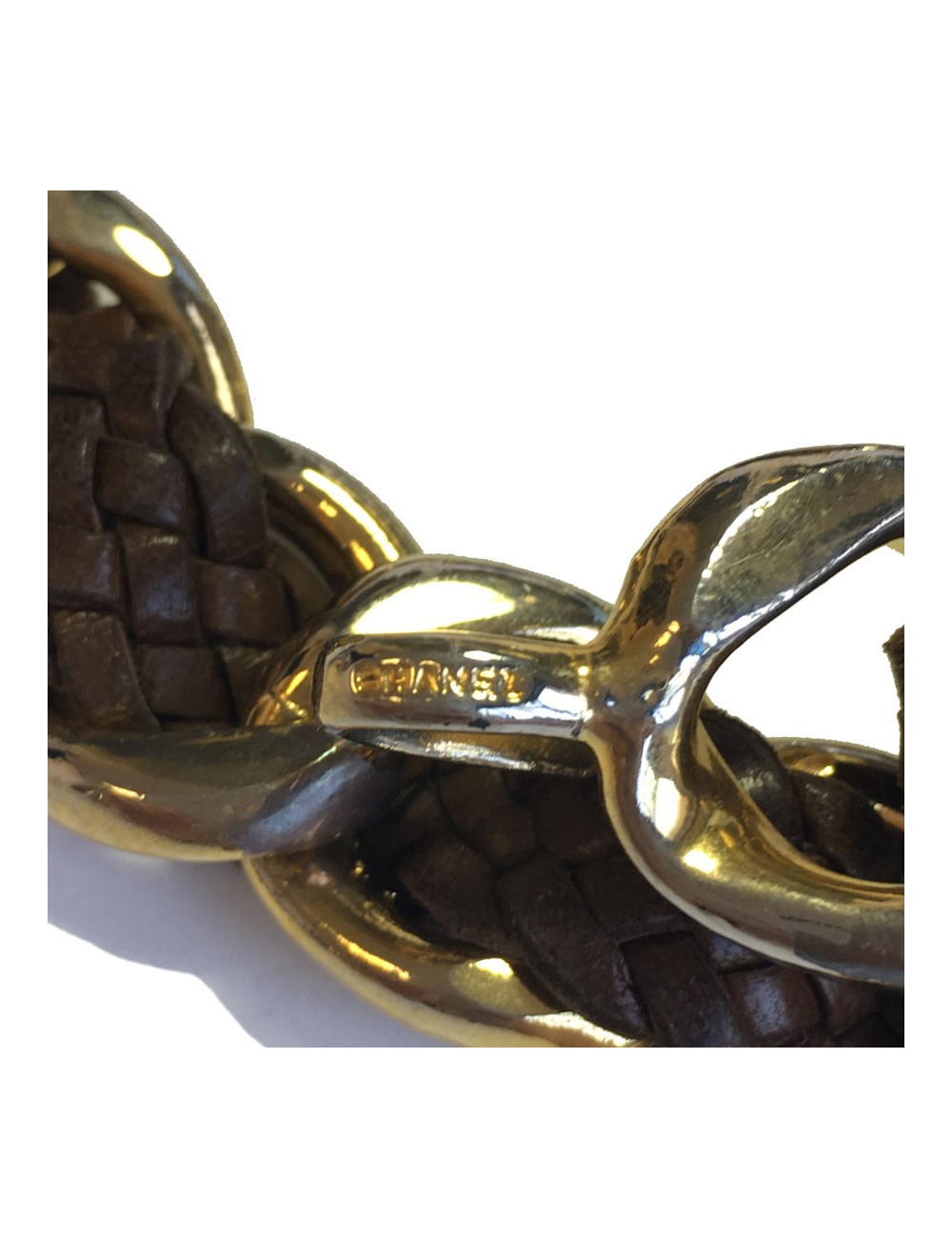 Ceinture CHANEL vintage en métal doré et cuir tressé marron
