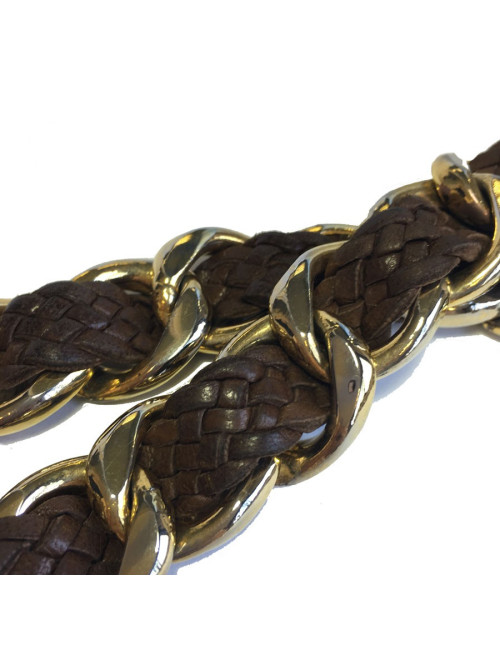 Ceinture CHANEL vintage en métal doré et cuir tressé marron