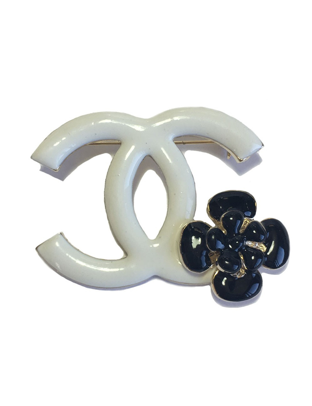 xxx Broche CHANEL double C en émail blanc et camélia en émail noir
