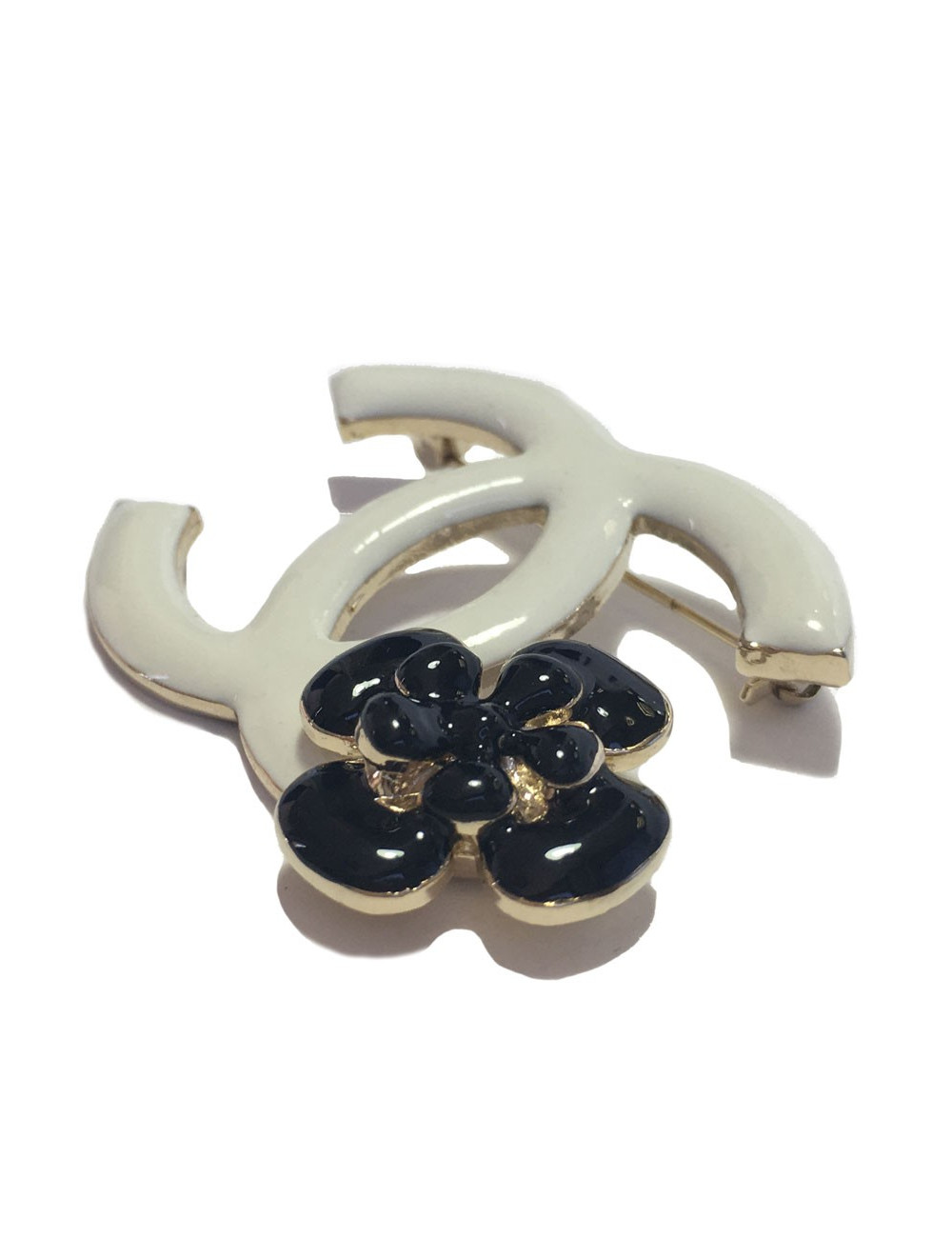 xxx Broche CHANEL double C en émail blanc et camélia en émail noir