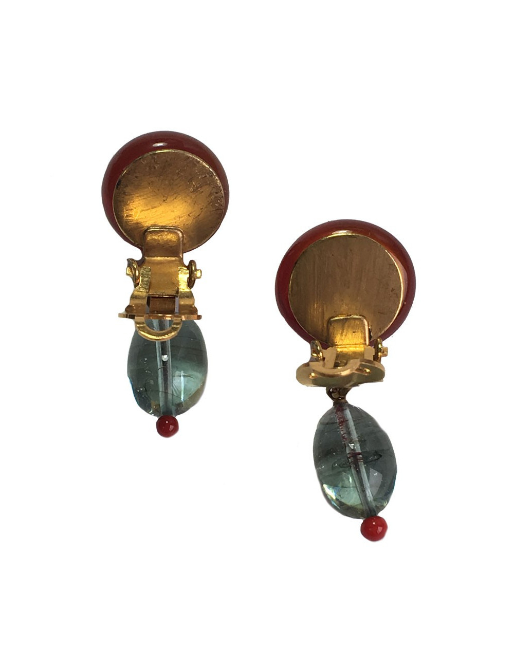 Boucles d'oreille clips MARGUERITE DE VALOIS en pâte de verre rouge et bleu très clair