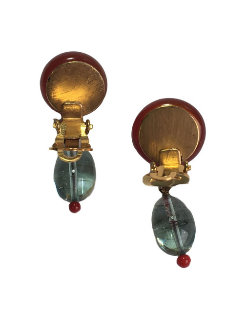 Boucles d'oreille clips MARGUERITE DE VALOIS en pâte de verre rouge et bleu très clair