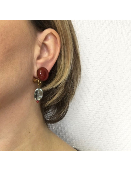 Boucles d'oreille clips MARGUERITE DE VALOIS en pâte de verre rouge et bleu très clair