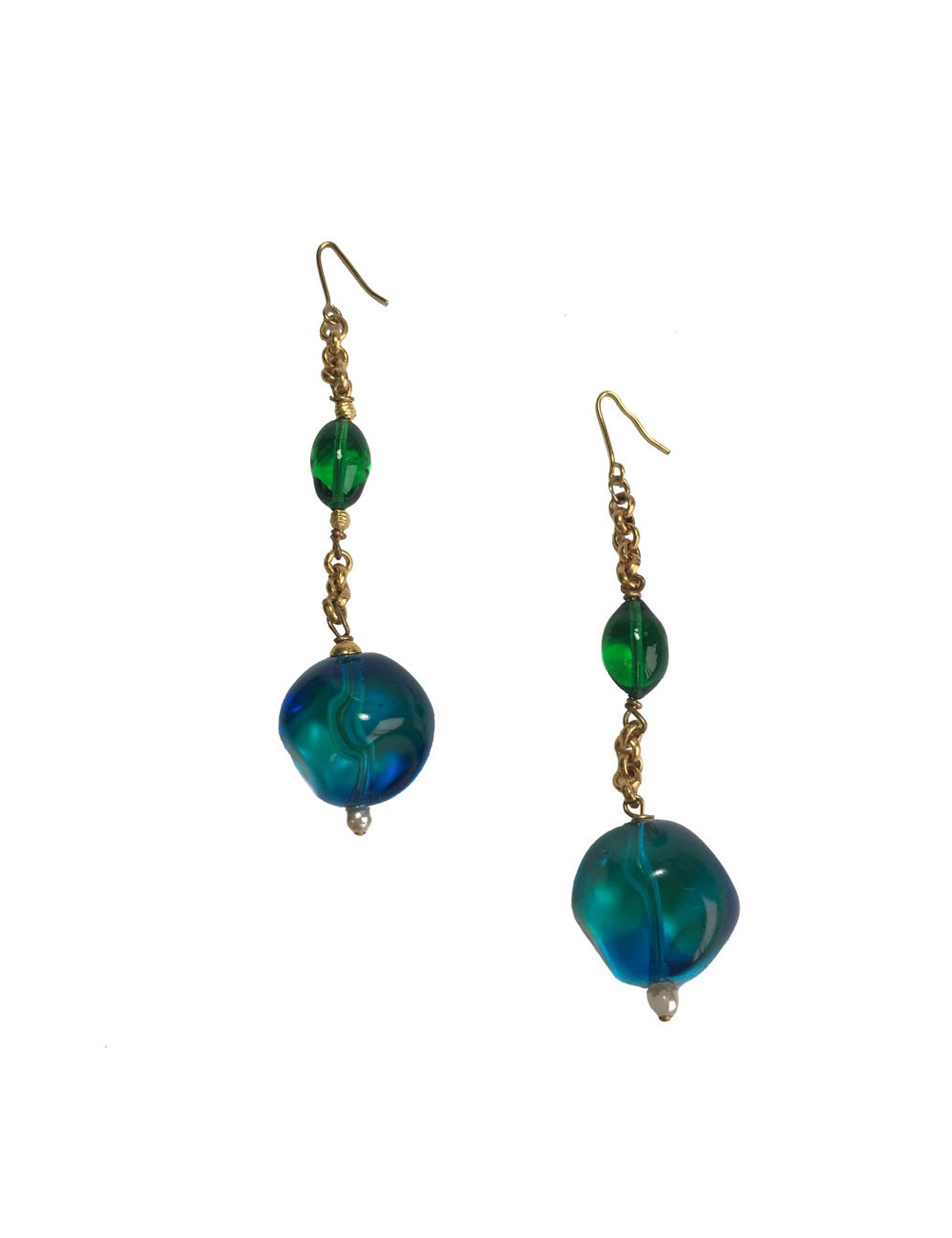 Boucles d'oreille clous MARGUERITE DE VALOIS en pâte de verre bleu et résine verte