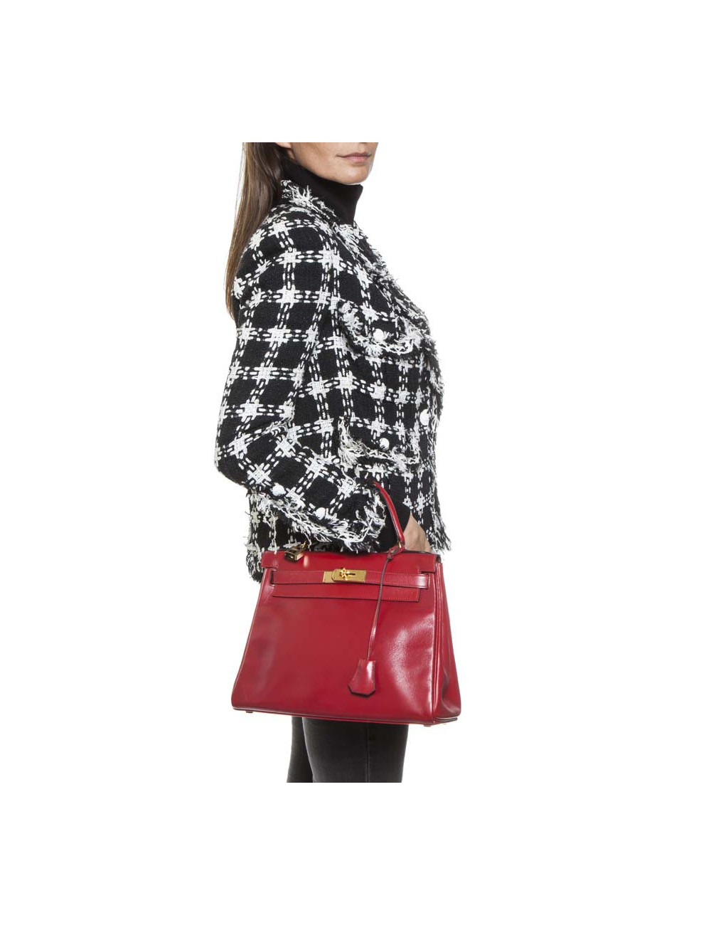 Sac Kelly 28 HERMES cuir retourné rouge