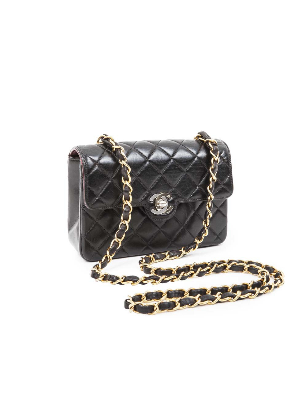 Mini sac CHANEL cuir d'agneau lisse matelassé noir