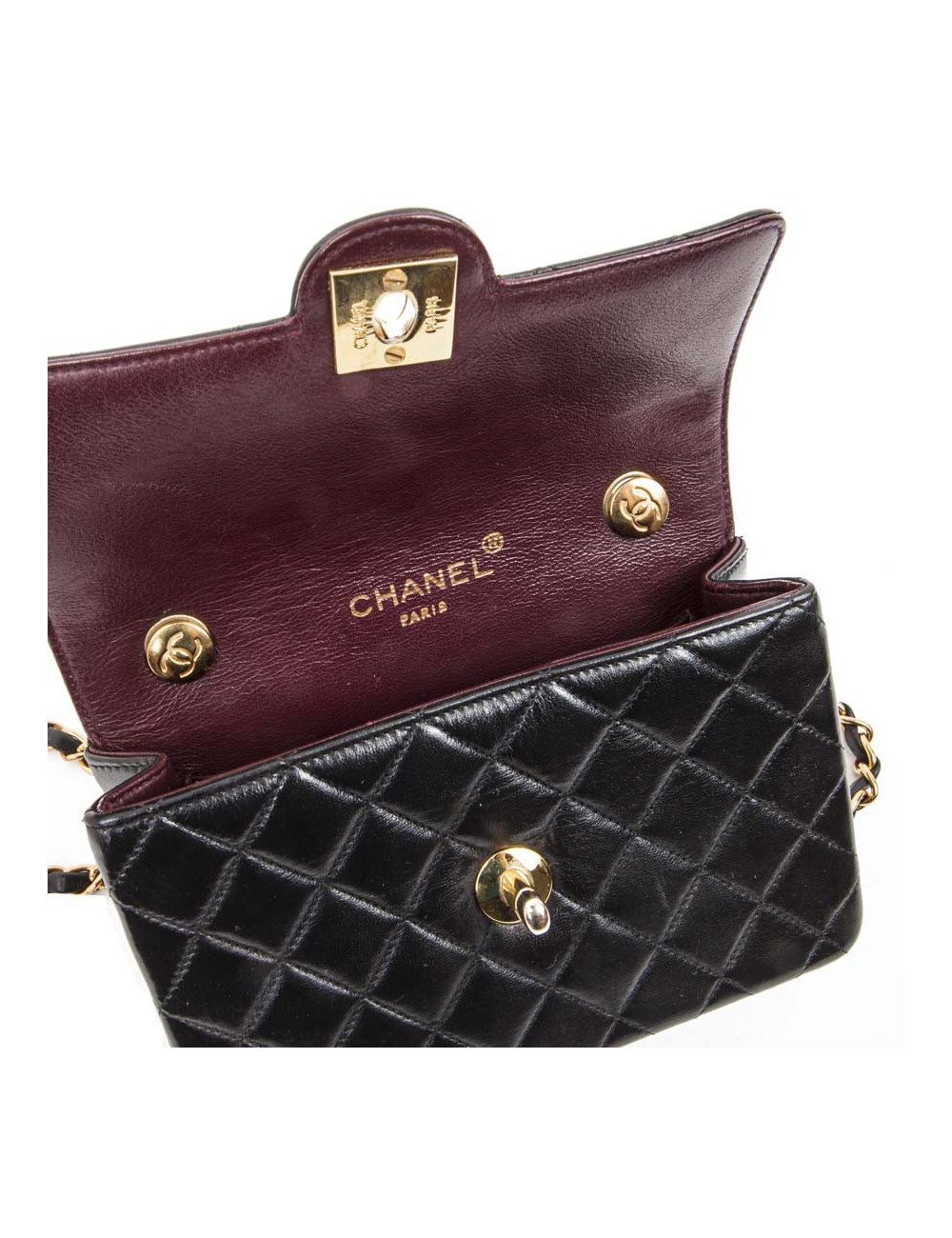 Mini sac CHANEL cuir d'agneau lisse matelassé noir