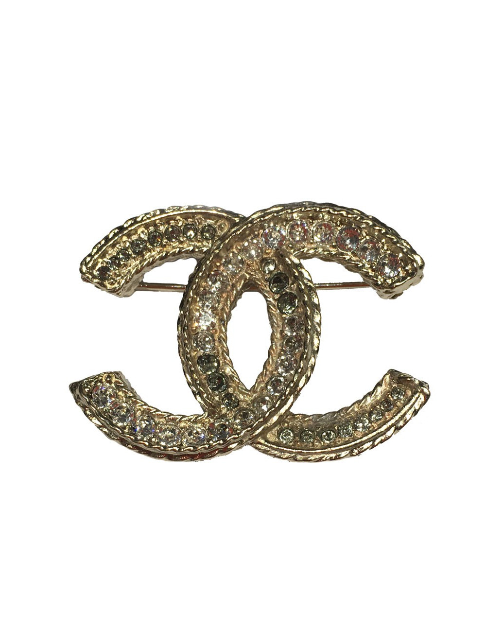 Broche CC en strass et métal doré