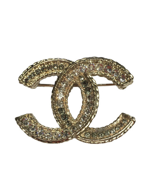 Broche CC en strass et métal doré