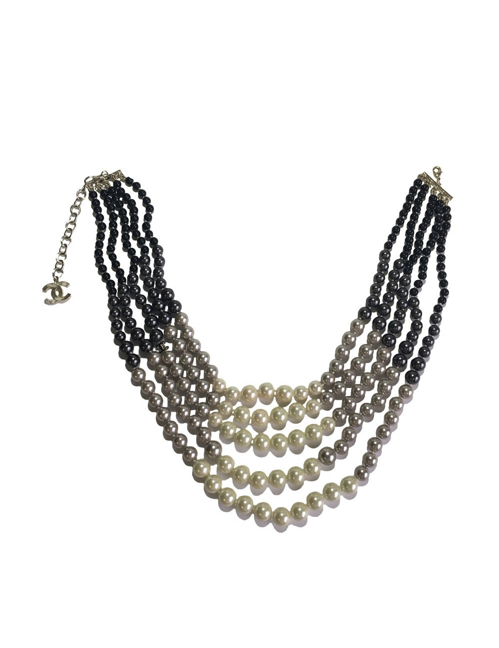 Collier 5 rangs CHANEL en perles nacrées beige, gris, anthracite et noir