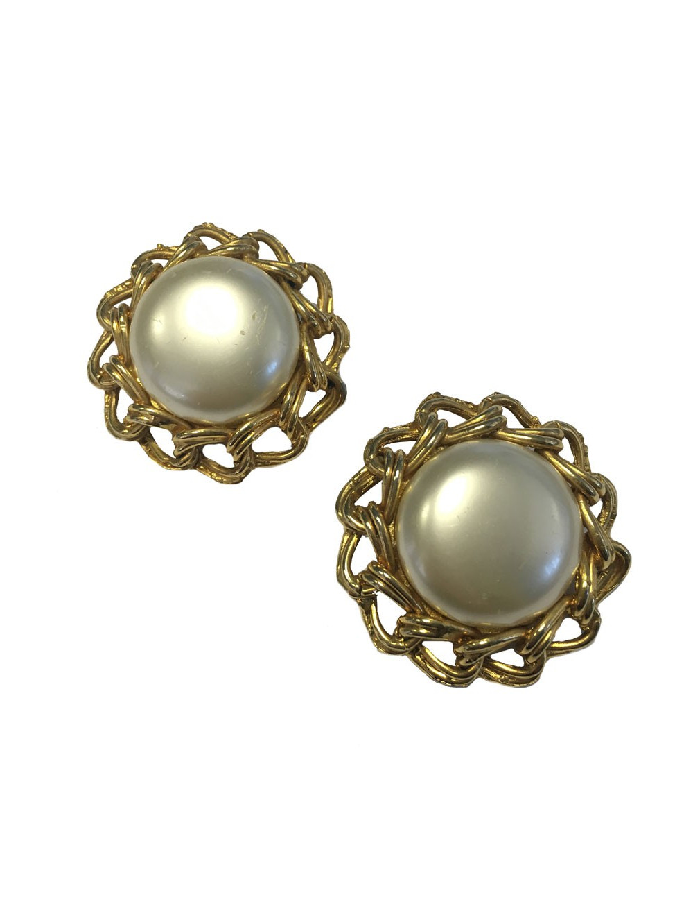 Boucles d'oreille clips perles nacrées et métal doré vintage