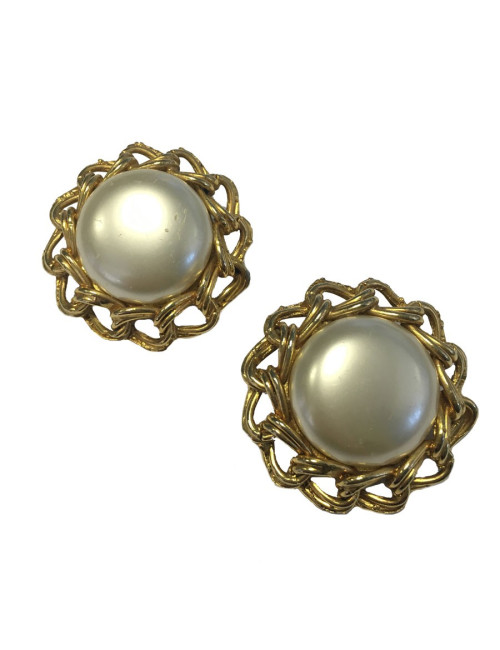 Boucles d'oreille clips perles nacrées et métal doré vintage