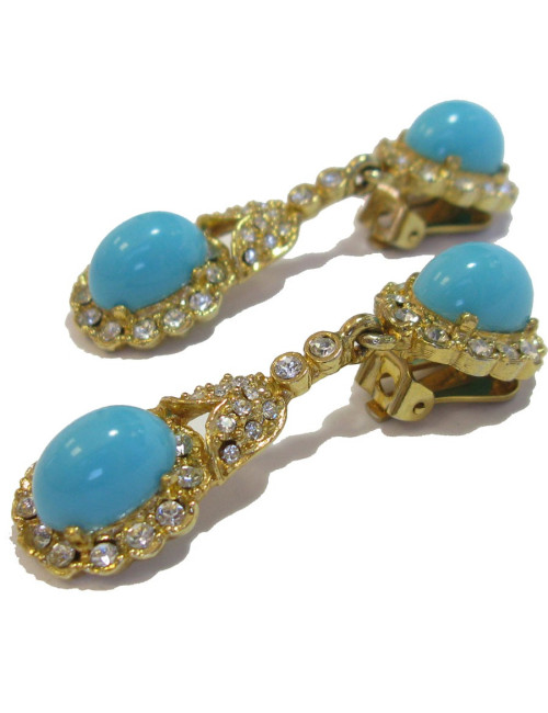 KENNETH JAY LANE clips in gilded metal, rhinestones and turquoise earrings