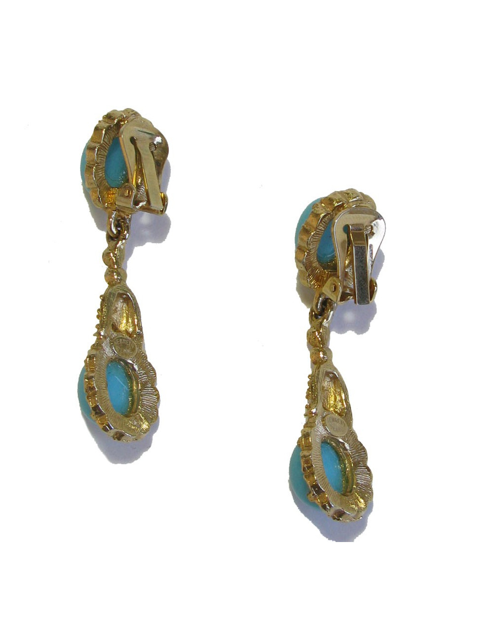 KENNETH JAY LANE clips in gilded metal, rhinestones and turquoise earrings