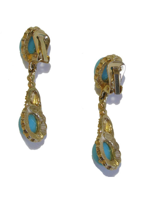 KENNETH JAY LANE clips in gilded metal, rhinestones and turquoise earrings