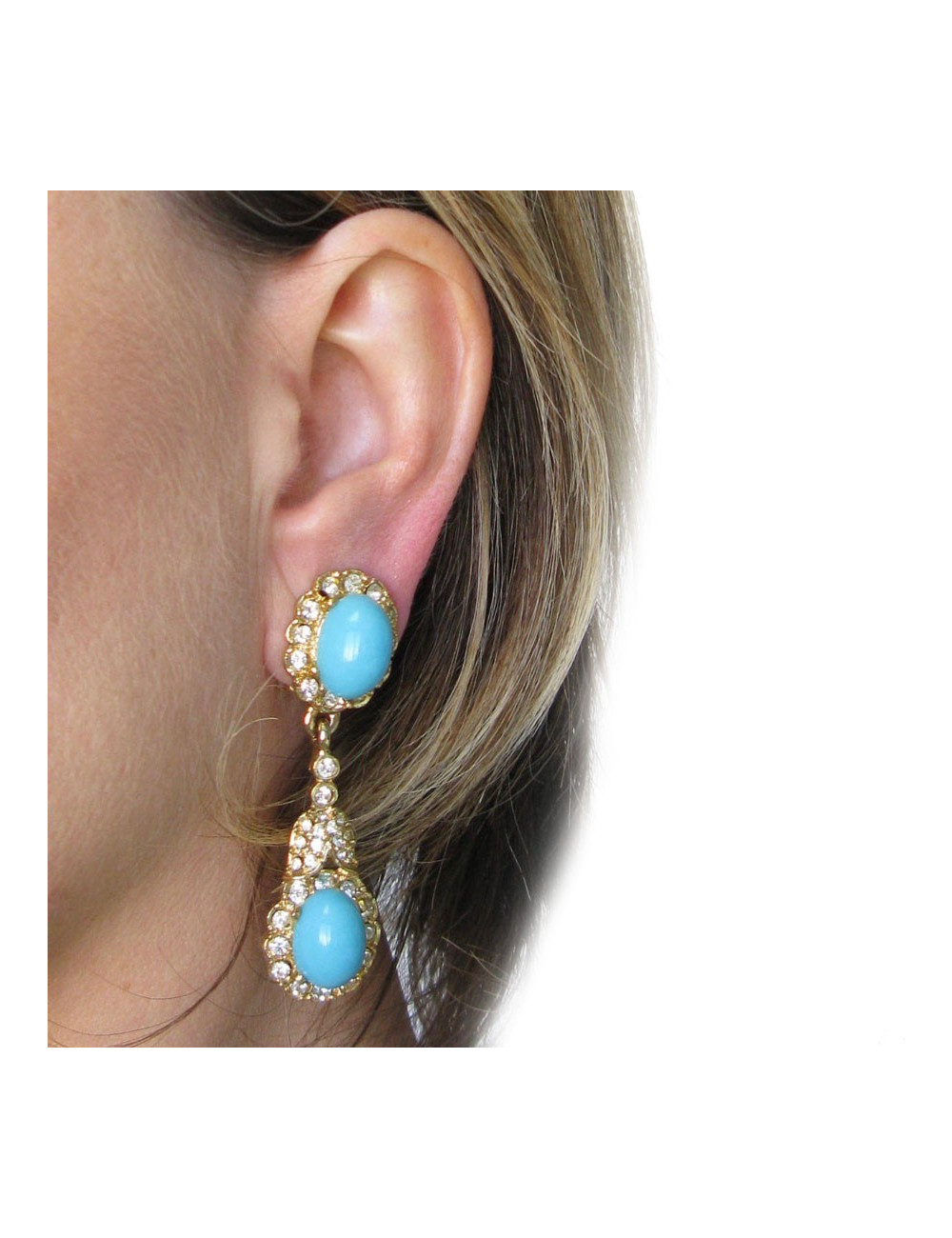 xxx Boucles d'oreille clips KENNETH JAY LANE en métal doré, strass et turquoise