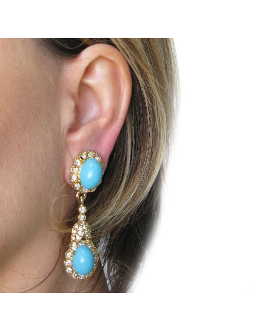 KENNETH JAY LANE clips in gilded metal, rhinestones and turquoise earrings