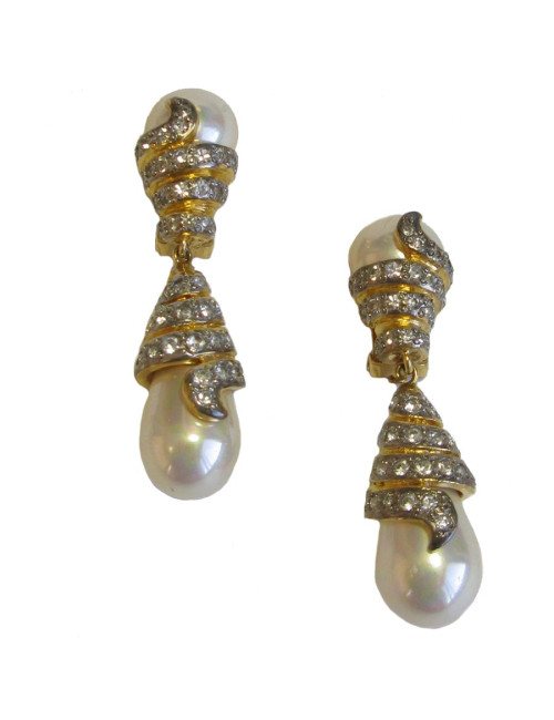 Boucles d'oreille clips VOGUE BIJOUX en métal doré, strass et perles nacrées