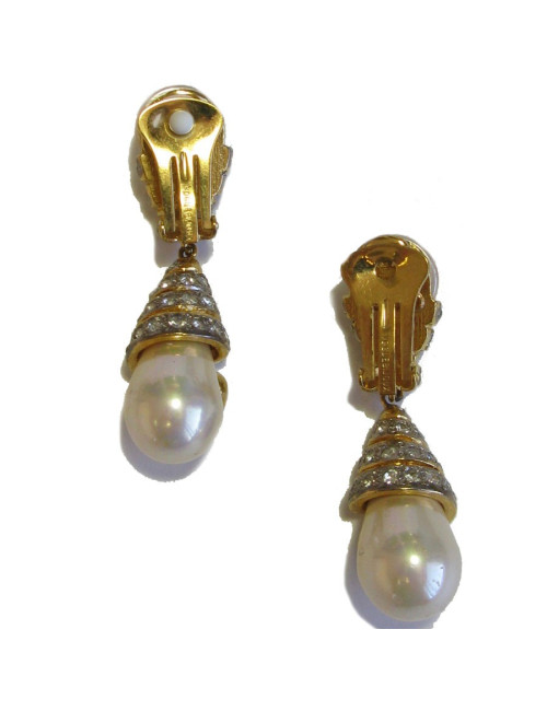 Boucles d'oreille clips VOGUE BIJOUX en métal doré, strass et perles nacrées