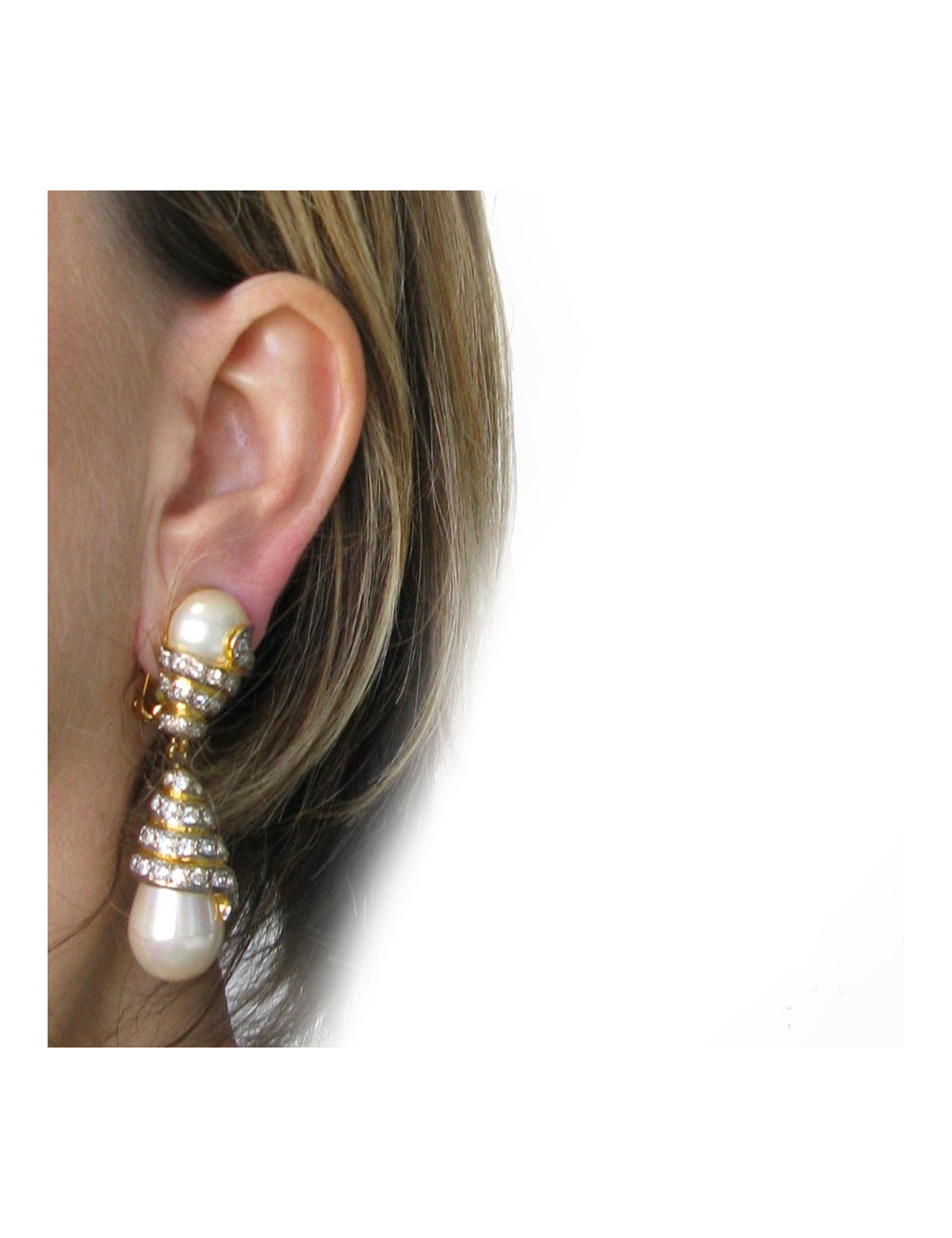 Boucles d'oreille clips VOGUE BIJOUX en métal doré, strass et perles nacrées