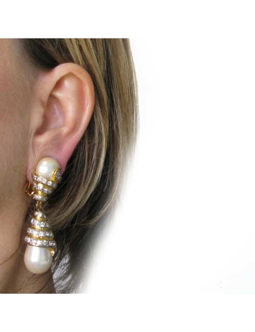 Boucles d'oreille clips VOGUE BIJOUX en métal doré, strass et perles nacrées