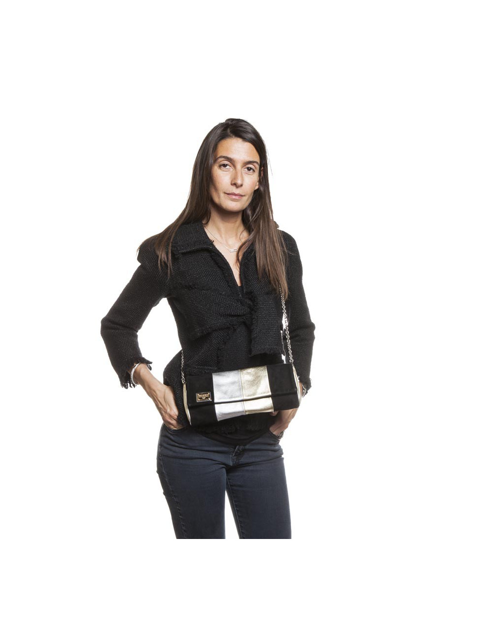 DOLCE & GABBANA handbag in siver and gilt bicolored leather and black suede