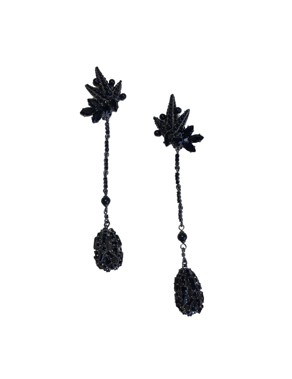 Boucles d'oreille clips pendantes anonyme en strass, perles et brillants noirs