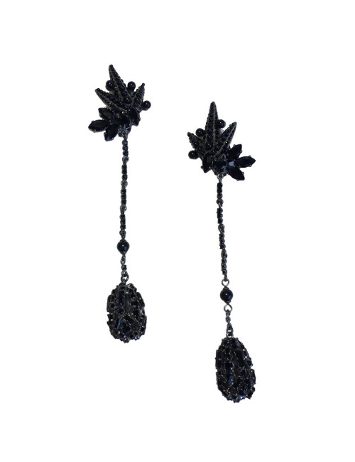 Boucles d'oreille clips pendantes anonyme en strass, perles et brillants noirs