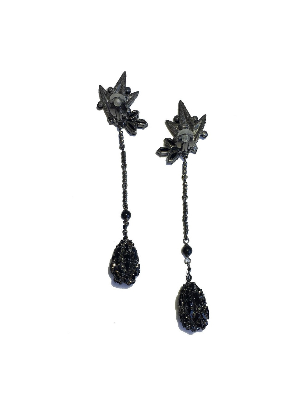 Boucles d'oreille clips pendantes anonyme en strass, perles et brillants noirs