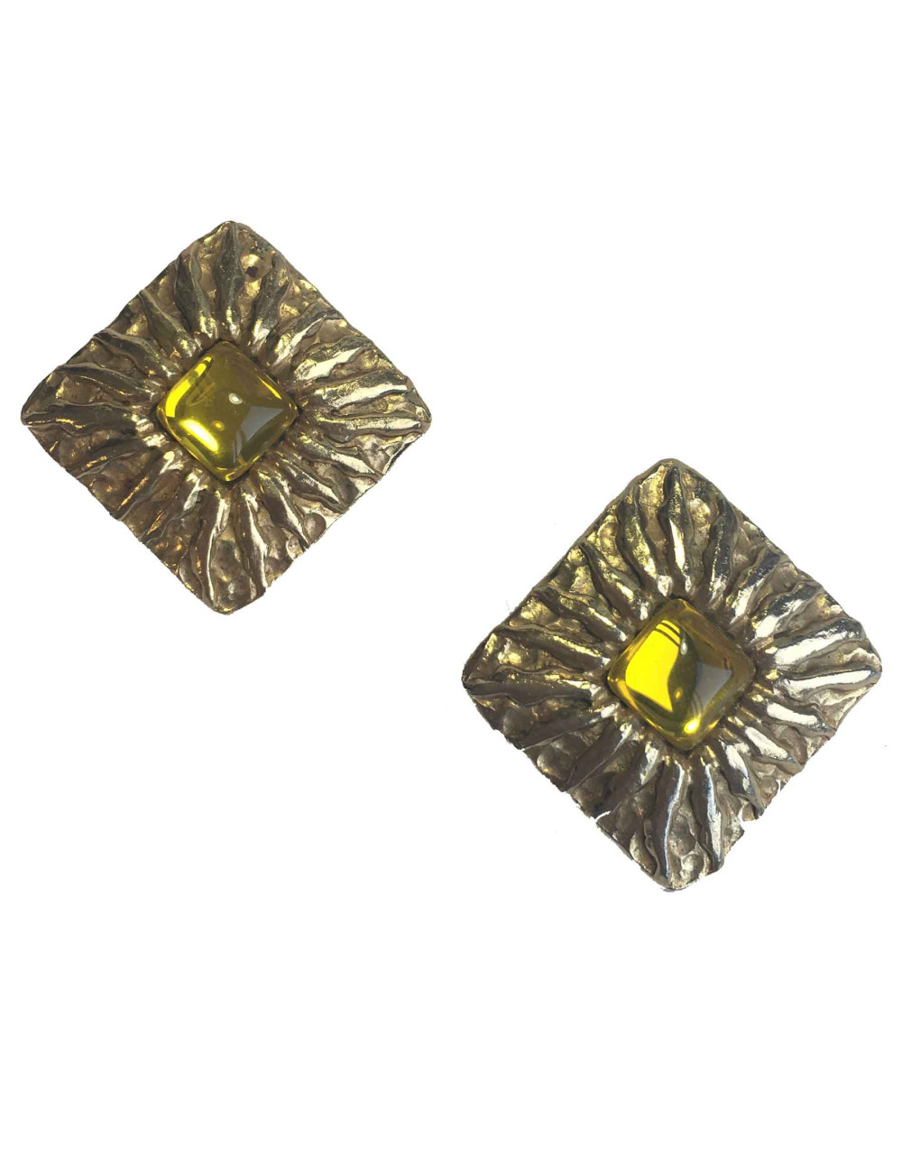 Boucles d'oreille clips JEAN PATOU en métal doré et pierre fantaisie jaune