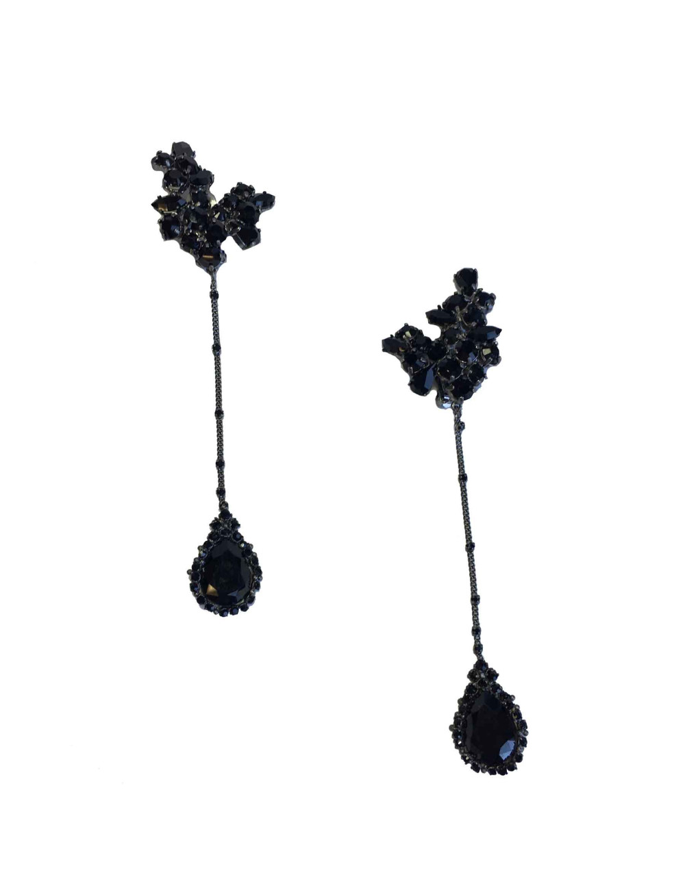 Boucles d'oreille clips pendantes strass et cabochons noirs