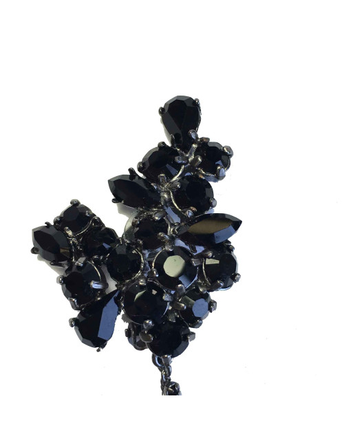 Boucles d'oreille clips pendantes strass et cabochons noirs