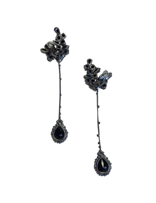 Boucles d'oreille clips pendantes strass et cabochons noirs