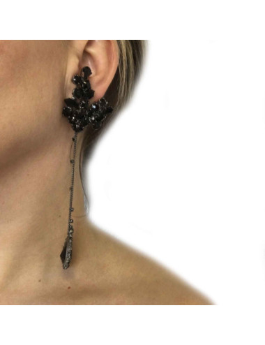 Boucles d'oreille clips pendantes strass et cabochons noirs 2