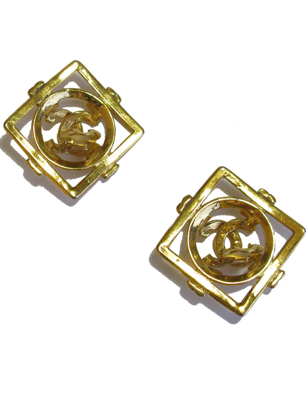 Boucles d"oreille clips CHANEL carrés vintage en métal doré