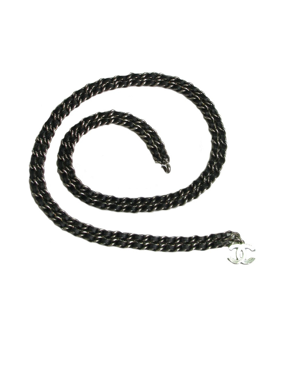 Ceinture CHANEL chaine argent et cuir noir Vintage