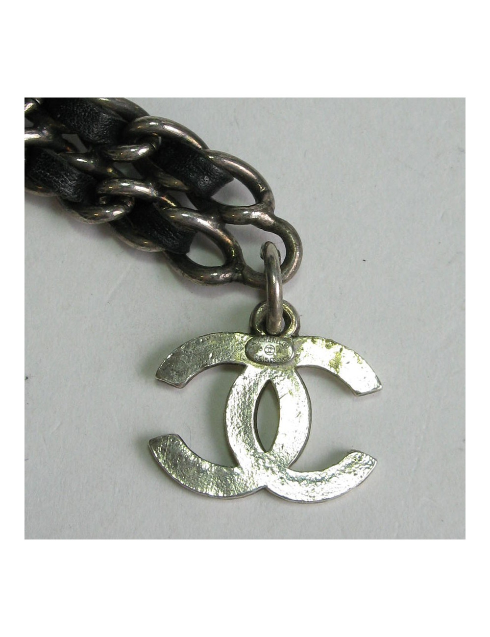 Ceinture CHANEL chaine argent et cuir noir Vintage