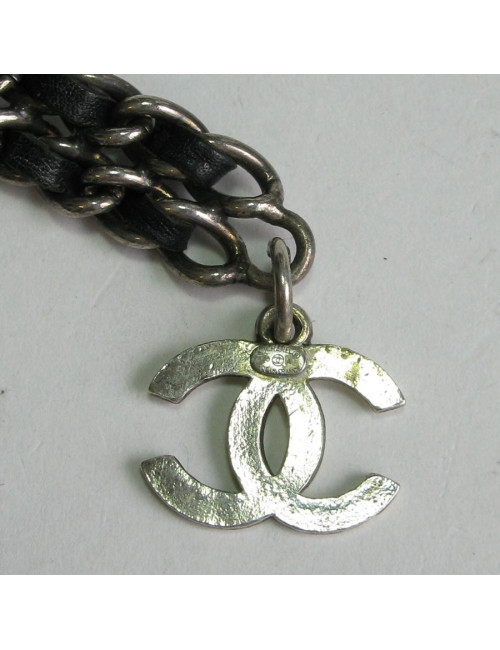 Ceinture CHANEL chaine argent et cuir noir Vintage