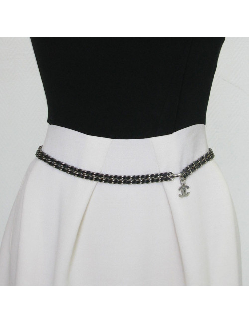 Ceinture CHANEL chaine argent et cuir noir Vintage