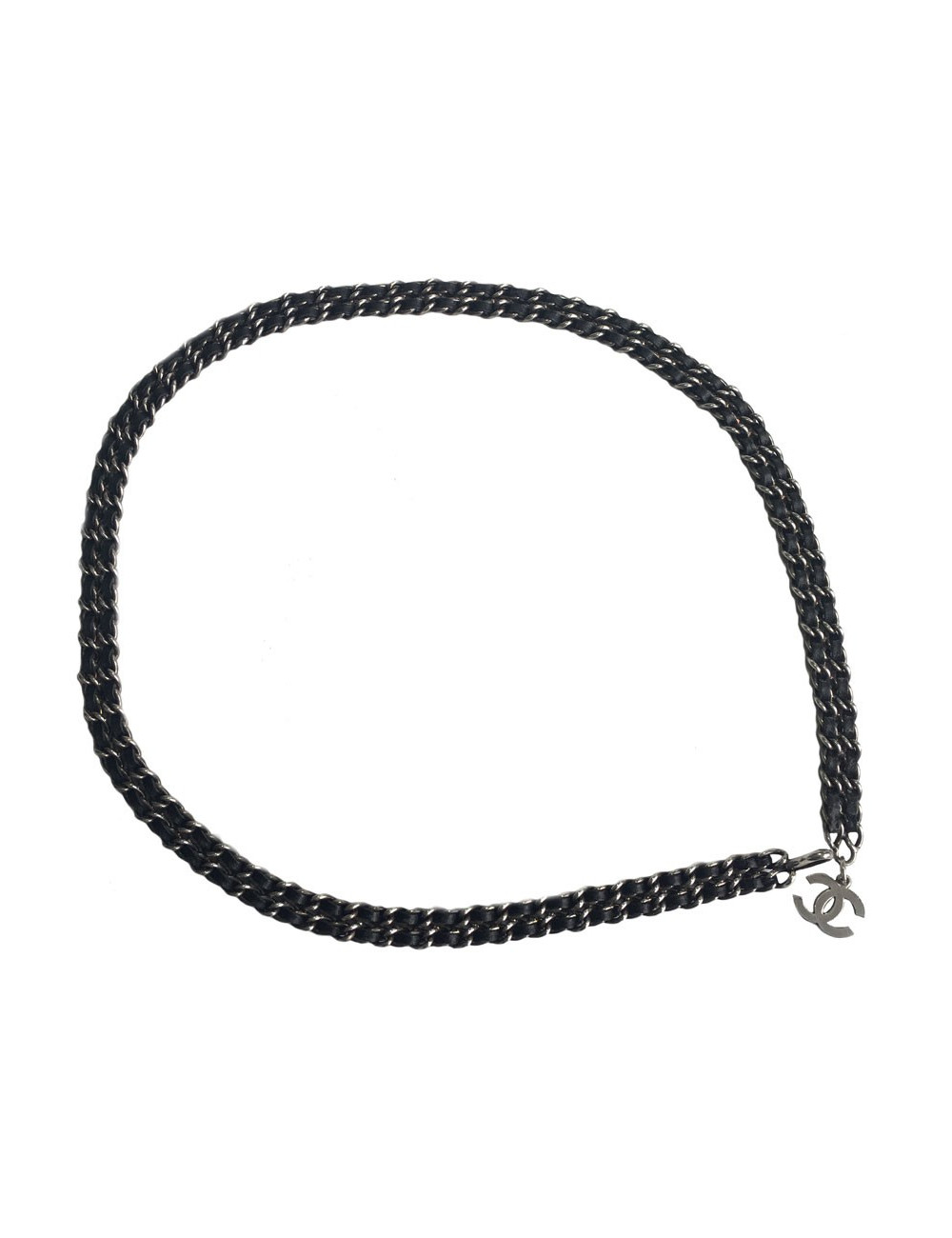 Ceinture CHANEL chaine argent et cuir noir Vintage