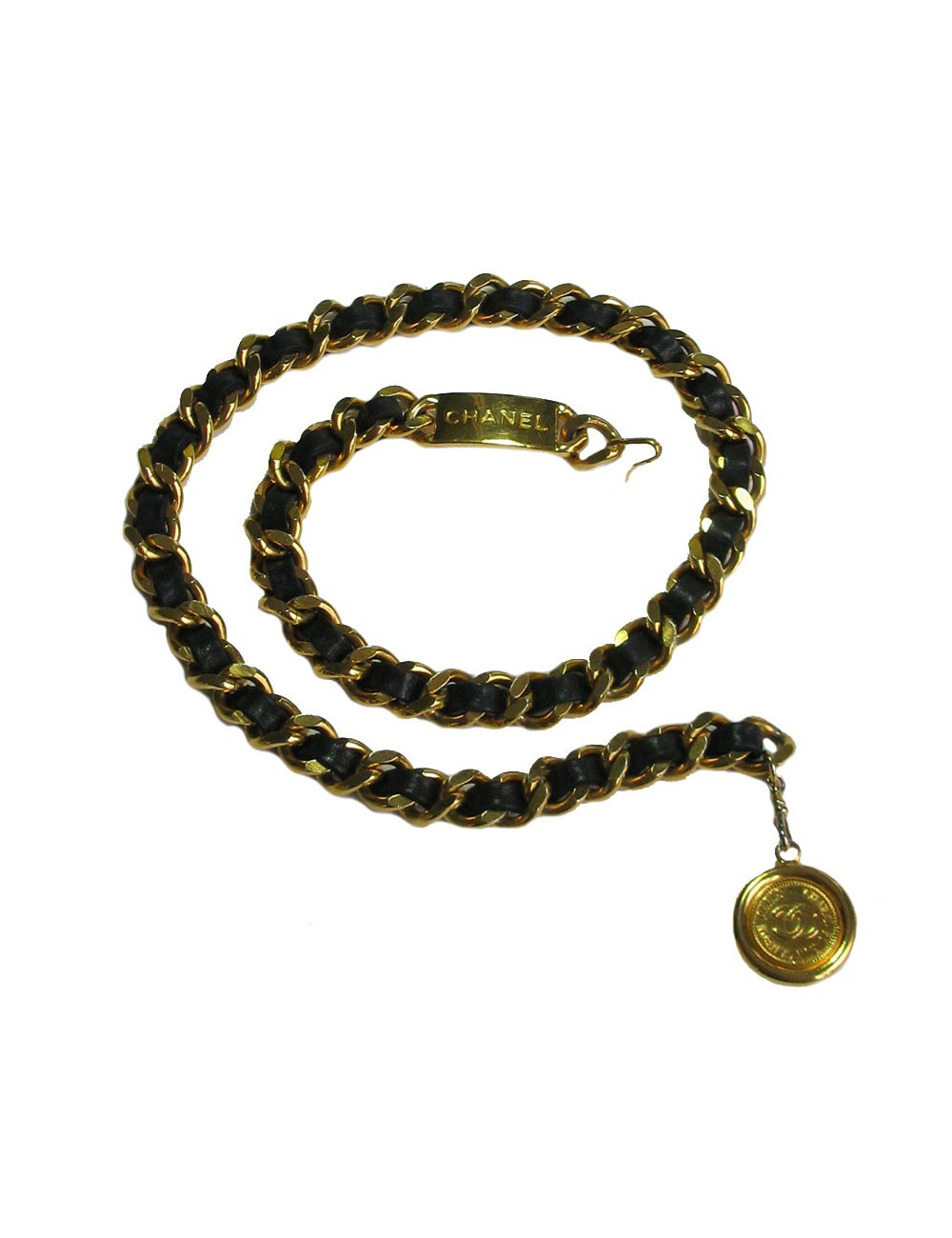 xxx Ceinture CHANEL en chaine dorée et cuir noir vintage 