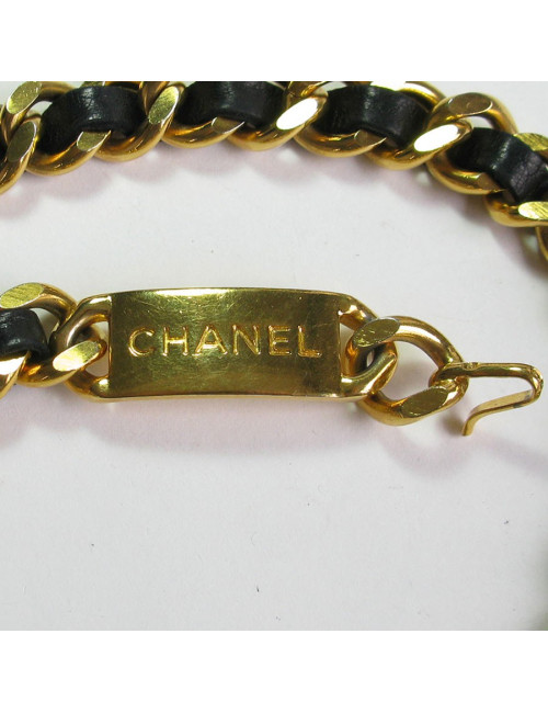 Ceinture CHANEL en chaine dorée et cuir noir vintage 