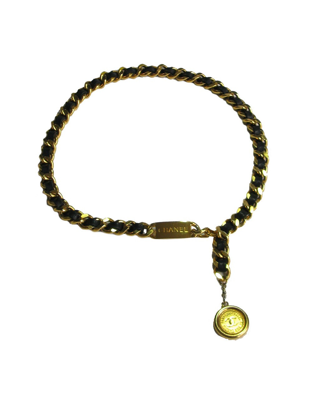 xxx Ceinture CHANEL en chaine dorée et cuir noir vintage 