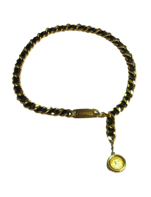 xxx Ceinture CHANEL en chaine dorée et cuir noir vintage 
