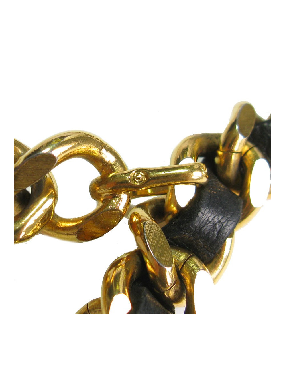 Ceinture CHANEL en chaine dorée et cuir noir vintage 