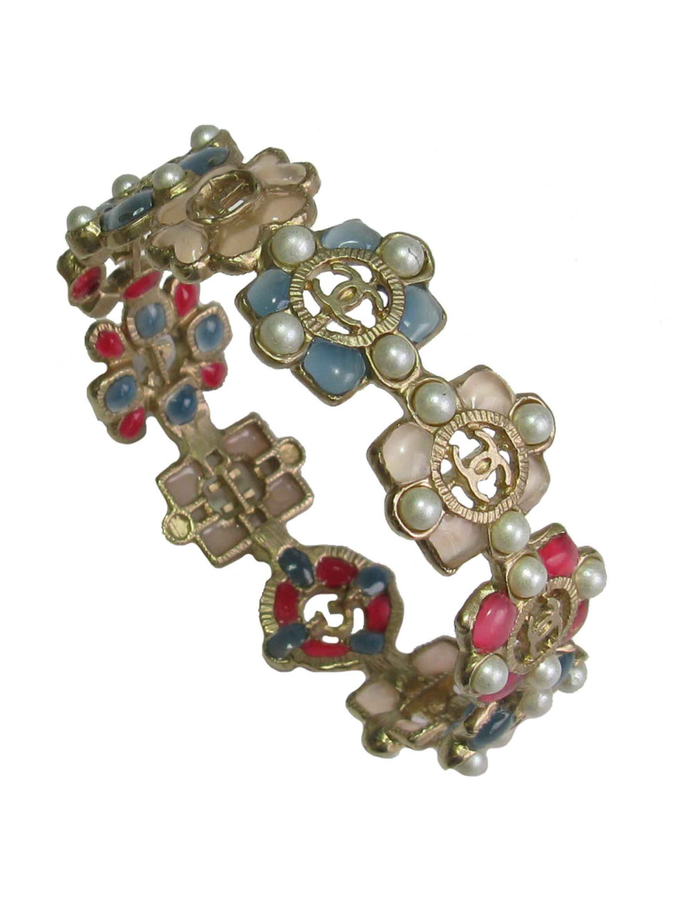 Bracelet CHANEL en métal doré, résine de couleur, perles nacrées et strass