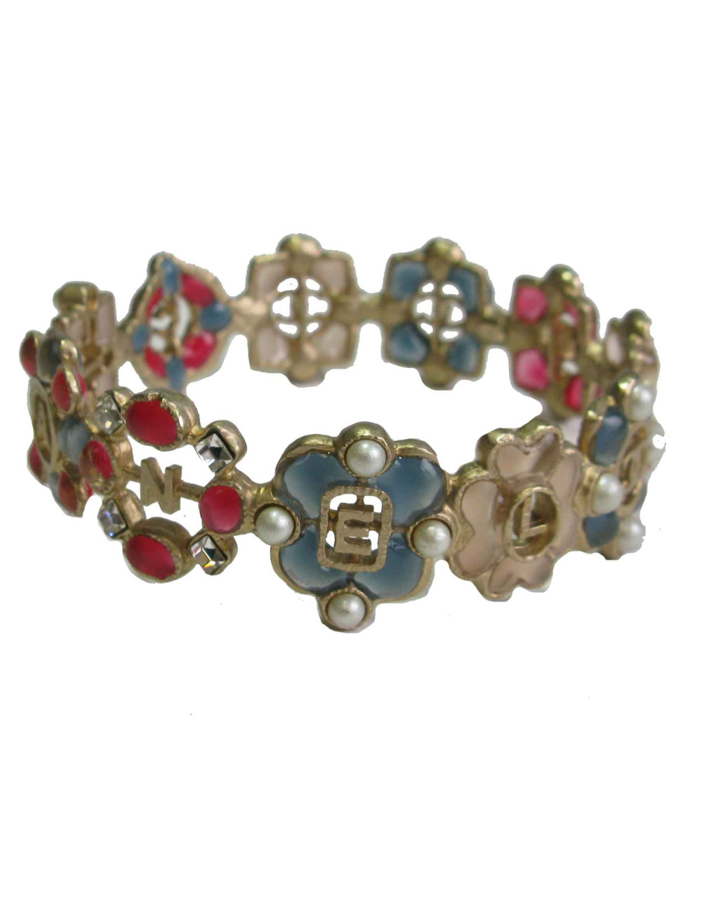 Bracelet CHANEL en métal doré, résine de couleur, perles nacrées et strass
