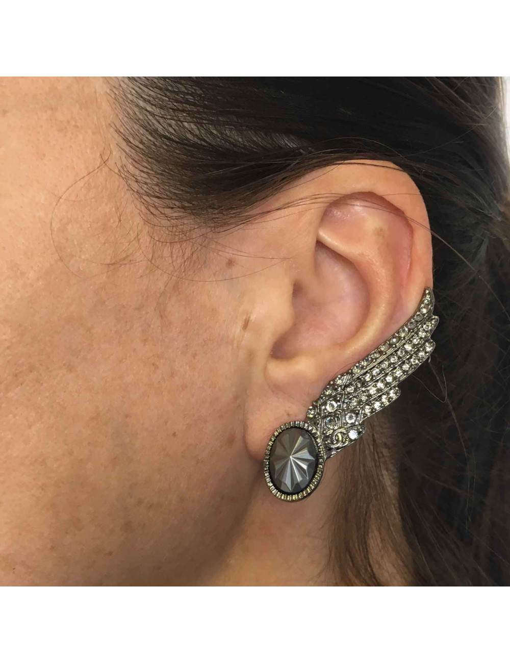 CHANEL wing shape clip-on earrings in ruthenium and rhinestones