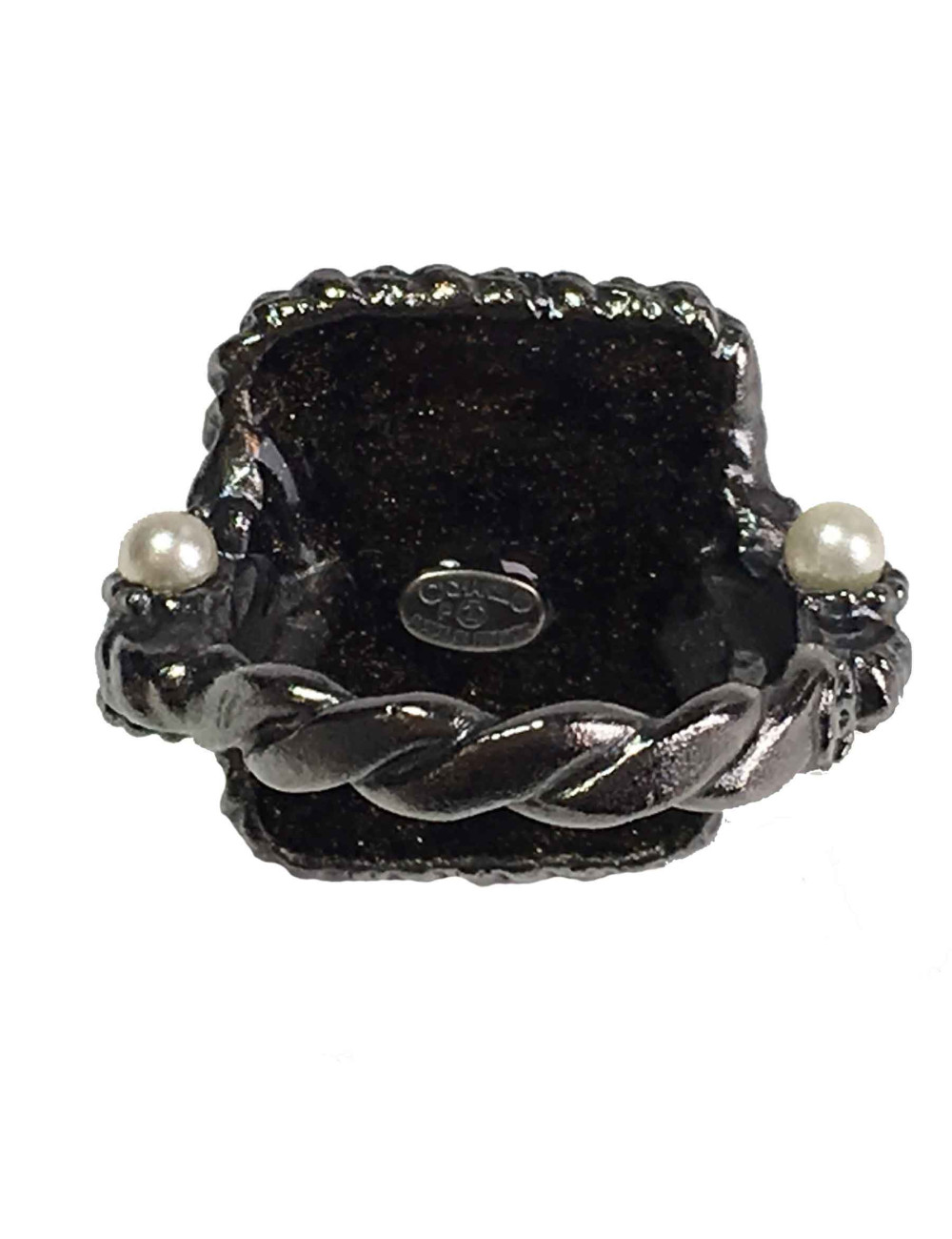 MANQUE PERLE Bague CHANEL T52 en ruthénium et résine noire